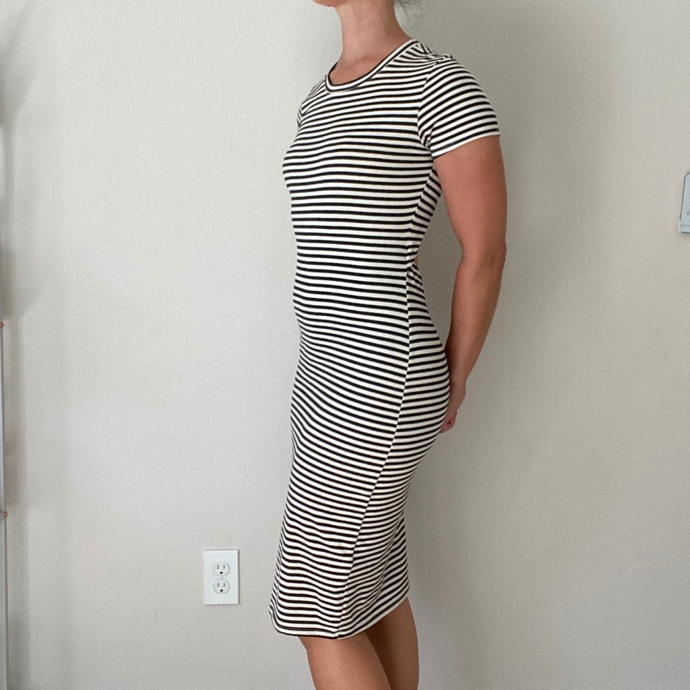 Forever 21 Black White Striped Bodycon Open Back Stretch Midi Crew Dress - Med - Picture 3 of 6